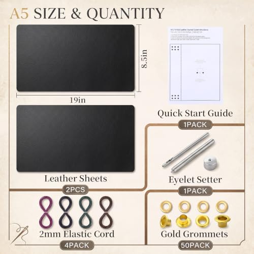 Chicplaid 2 Set A5 Journal Leather Cover Making Kit, DIY Leather Bookbinding Set for Notebook with 2 Full Grain Cowhide Sheet, 4-Color Elastic Cords, Brass Eyelets & Essentials with Manual - color: Black, style: A5