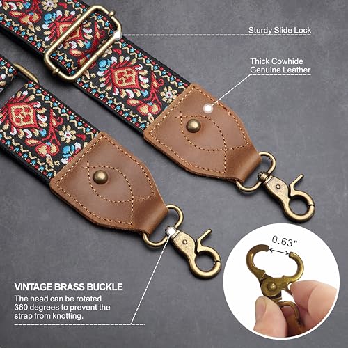 Nefelibata Purse Strap, 2" Cowhide Head Wide Shoulder Strap Adjustable Replacement,Retro Jacquard Embroidery Multi-pattern Crossbody Bag Straps for Handbag,Crossbody Bags,Shoulder Bags(Safflower) - color: Retro Embroidery Safflower