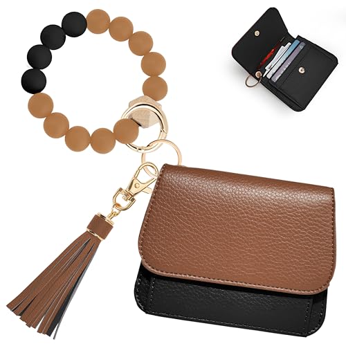 Keychain Wallet for Women,RFID Wristlet Wallet with Beaded Strap | Tri-Fold Design,6 Card Slots,ID Window,Zipper Coin Pocket,Lightweight Carry - color: Brown＆Black