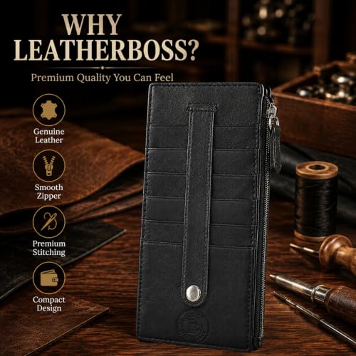Leatherboss Genuine Leather Women's All in One Credit Business Card Case Holder Slim Zipper Wallet With a Card Protection Strap, Black - color: Black