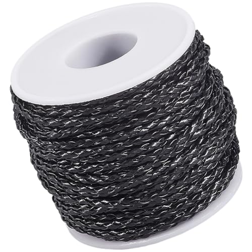 20.78 Yard Braided Leather Cord 3MM Black Round Woven PU Leather Folded Bolo Tie String Lace Cording Rope Braiding Strip Threadfor Jewelry Making Crafts Necklace Bracelets Beading - color: Black