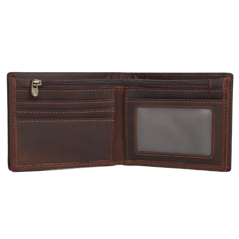 Men's RFID Blocking Wallet Cowboy Genuine Natural Crazy Horse Leather Bifold Wallet for Men With Zipper (Dark Brown) - color: Dark Brown