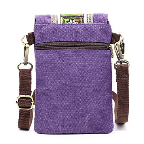 SILKAREA Vintage Embroidered Canvas Flip Small Crossbody Bag Cell Phone Pouch for Women Wristlet Wallet Bag Coin Purse - color: Purple