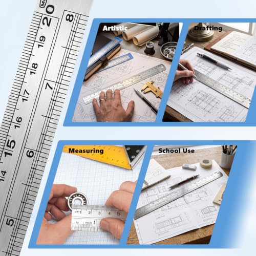 6 Pcs 8 Inch Stainless Steel Ruler Set, Metal Straight Edge with Inch and Metric Scale, Non Bendable Measuring Tool for Woodworking, Drafting, Sewing & Construction, Tailoring & Surveying - size: 8 Inch