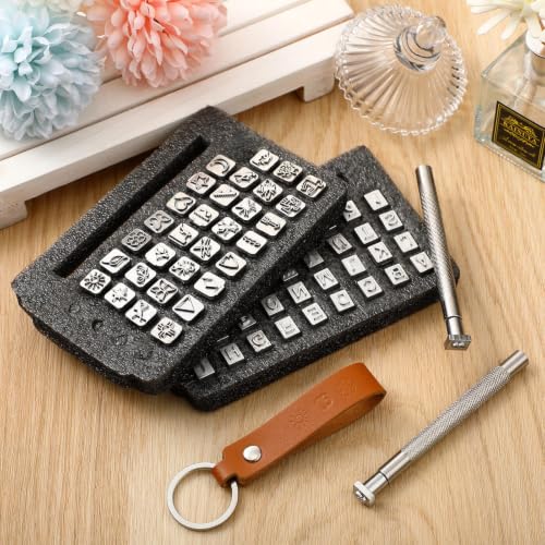 70 Pieces Leather Stamping Tools, Leather Stamping Kit with 2 Pcs Punch Tools, 68 Pcs Metal Letters, Numbers and Professional Capital Letter Pattern Craft Stamps Punch Set Tool