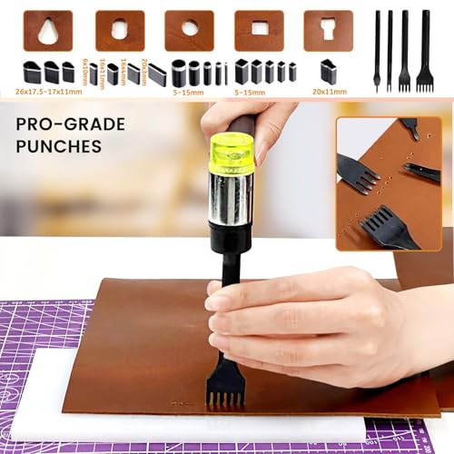 Daily Treasures 73pcs Leather Craft Kits with Portable Handbag, Leather Working Kit with 18 Punch Tool,Tracing Wheel,7 in 1 Groover,Awl,Waxed Thread,Needles,Tools for DIY Polishing Sewing Cutting