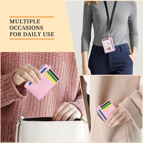 Hancynir Minimalist Slim Wallet Women Credit Card Holder, RFID Small Cute | Zipper Pocket Wallet, Thin Travel Coin Purse, Ladies Women Gifts, Key Chain Card Case, 6 Card Slots, ID Window, PU Leather - color: 01-Lichee PK Bling Wallet