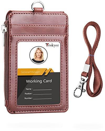 Teskyer Leather ID Badge Holder with Lanyard, Lanyard Wallet, Brown - color: Brown, size: 3.1" x 4.7"