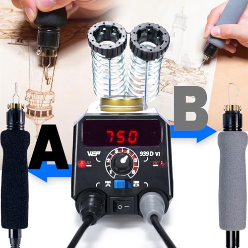 WEP 939D-VI Dual Pen Wood Burning Kit 250-750℃/482-1382℉ A/B Toggle Wood Burning Tool with 2 Detachable Pens, 20 Wood burner Tips, Dual-Barrel Holder. Suitable for Pyrography, Leather Burning Kit