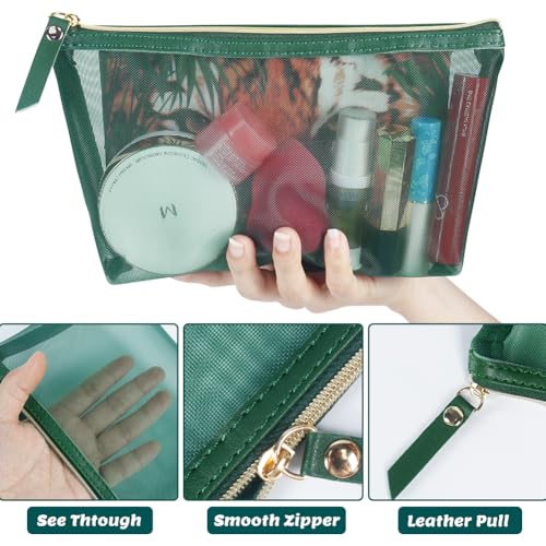 3pcs Mesh Cosmetic Bags, Nylon Makeup Pouches with Leather Pull and Golden Zipper for Purse Diaper Bag (Emerald Green) - size: Vertical