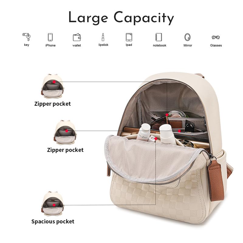 Small Backpack Purse for Women Cute PU Leather Backpack Plaid Backpack for Women Travel & Work White - color: White