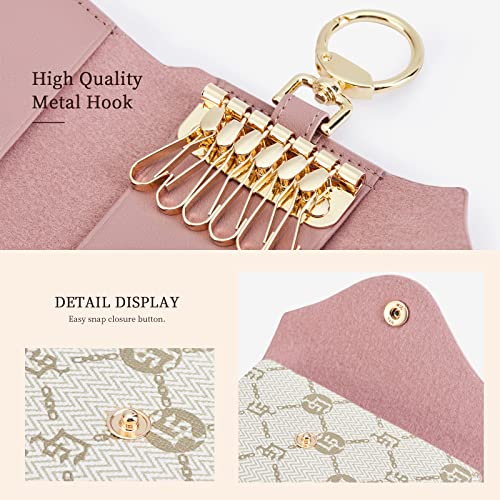 GOLF SUPAGS Women PVC Leather Car Key Chain Card Holder Wallet Pouch 6 Hook Snap Closure keys Money Organizer Case | Card Holder - color: Pink×White, style-2