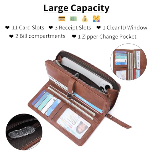 Wallet for Women Large Capacity RFID Blocking Leather Bifold Card Holder with Zipper Change Pocket - color: B01 Brown