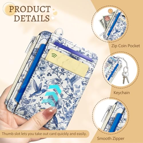 Kelvoris Credit Card Holder Small Wallet Women, Slim RFID, HummingBird | Keychain, Zipper Coin Pocket, Front Pocket Thin Travel Card Case, Minimalist, 6 Card Slots, 1 ID Window, Ladies Gifts Woman - color: Bird