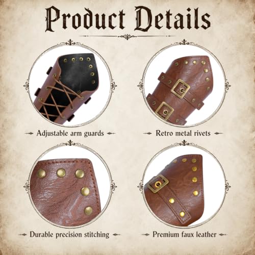 7PCS Renaissance Accessories Set | Including Medieval Belt with Belt Pouch, Coin Pouch, Leather Bracers & O-Ring Hangers for Halloween, LARP, Viking & Cosplay - color: Brown