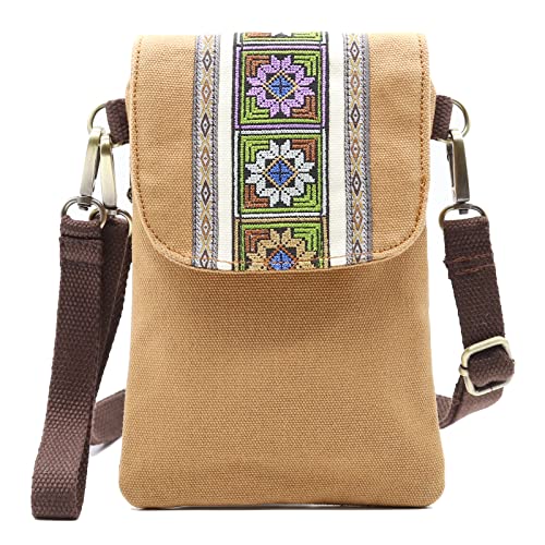 SILKAREA Vintage Embroidered Canvas Flip Small Crossbody Bag Cell Phone Pouch for Women Wristlet Wallet Bag Coin Purse - color: Brown