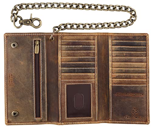 F&L CLASSIC RFID Blocking Mens Tri-fold Long Style Cowhide Leather Steel Chain Wallet,buffalo wax vintage leather,212 wax brown W/white stitching - color: buffalo wax vintage leather W/ white stitching