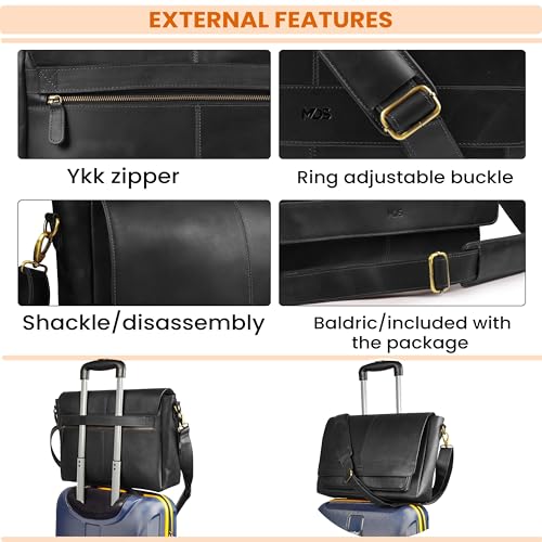 Genuine Leather Messenger Bag - Crossbody Briefcase Satchel Bag for Men & Women - Office, Work, Travel & Daily Use - color: Black (Strap)