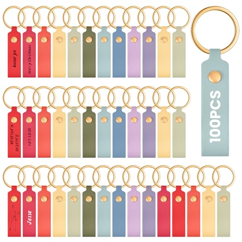 Wavyknot 100 Pcs PU Leather Keychain Blanks Bulk Laser Engraving Blanks Keychain Kit with Key Rings for DIY Key Chains Craft(3.7 x 0.7 Inches,Rainbow) - color: Rainbow, size: 3.7 x 0.7 Inches