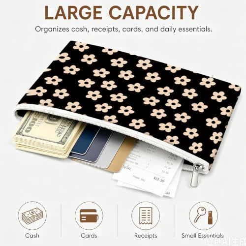 Money Bag with Zipper, Cute PU Leather Cash Bags, Portable Bank Bag Money Pouch for Cash, Coins, Checks, Receipts, Invoices Cosmetics Tools, Deposit Bag for Office Travel, Black Daisy - color: Black Daisy