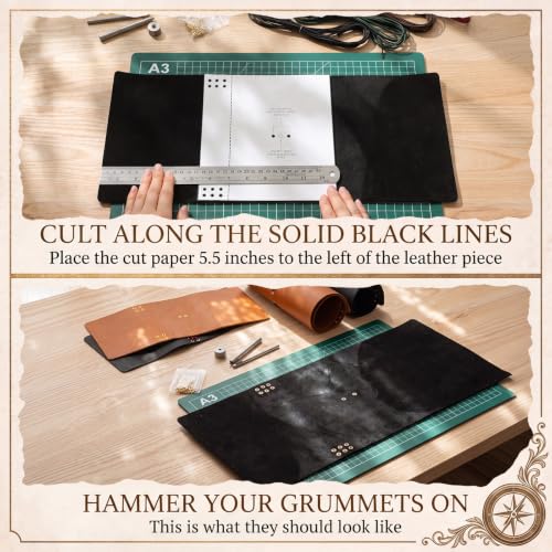 Chicplaid 2 Set A5 Journal Leather Cover Making Kit, DIY Leather Bookbinding Set for Notebook with 2 Full Grain Cowhide Sheet, 4-Color Elastic Cords, Brass Eyelets & Essentials with Manual - color: Black, style: A5