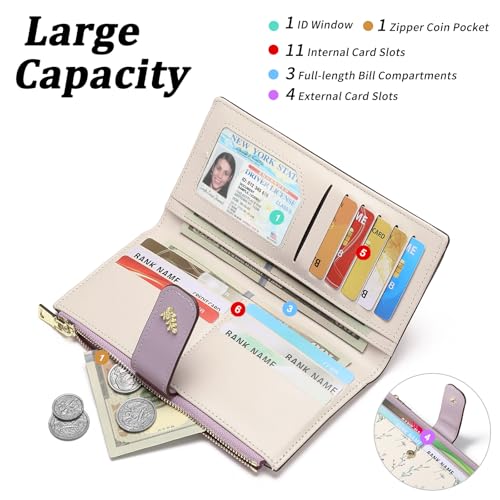 GAEKEAO Womens Wallet Slim Thin RFID Blocking Floral Vegan Leather Card Holder Bifold Long Ladies Wallet with Zipper Pocket - color: Purple