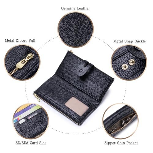 Large Capacity Wallets for Women Soft Leather RFID Blocking Long Wallet Ladies Bifold Clutch Purse Credit Card Holder with Double Zipper Pocket ID Window,Black - color: Black