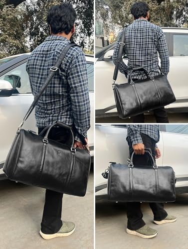 Leather Duffle Bag for Men - Full Grain Travel Weekender, Black 20 Inch - color: Jet Black