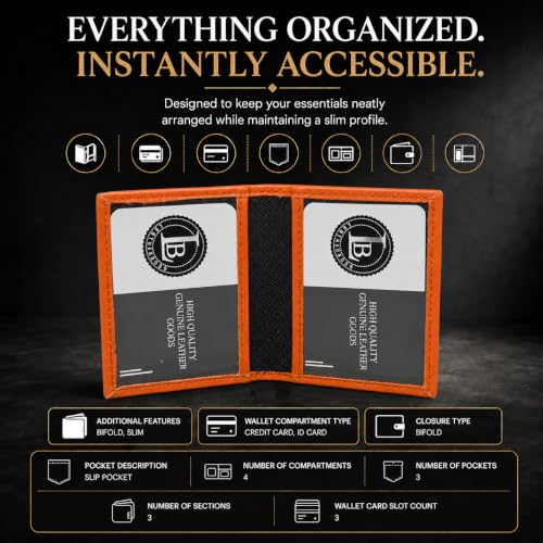 LB LEATHERBOSS Slim Thin Leather Credit Card Triple ID Window Mini Wallet Bifold Driver License Safe (Orange) - color: Orange