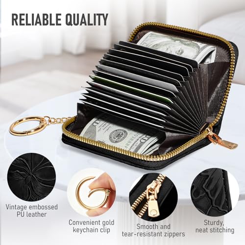 credit card holder for women，Embossed leather Rfid wallet women， KeyChain Wallet - color: Black