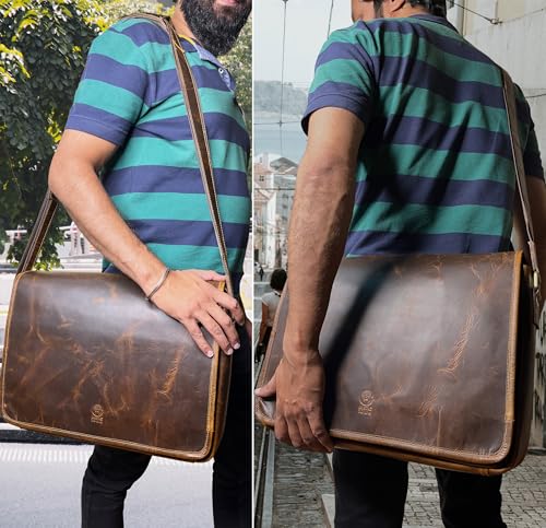 Leather Messenger Bag for Men - 16 Inch Full Grain Vintage Laptop Satchel | Crossbody Office Bag Fits 16" Laptop, Quick Access Pockets, Adjustable Shoulder Strap, Magnetic Closure, Travel Trolley Strap - color: Brown