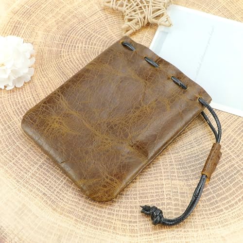 Drawstring Cowhide Bag, Leather Storage Bags Small Waterproof Pouch (Light brown-small) - color: Light Brown-small