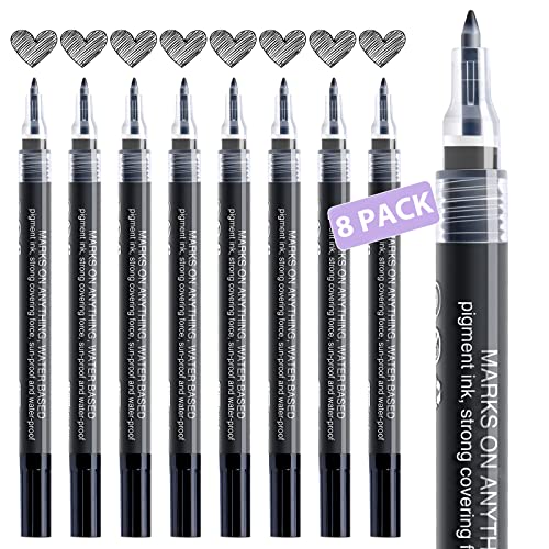 AKARUED Paint Pen, 8 Pack 0.7mm Water Based - Extra Fine Point Black Marking Pen for Metal, Wood, Paper, Plastic, Ceramic, Stone, Rock, Glass, Mugs, Non-Toxic, Fast Dry, Ideal for Art Projects - color: Black
