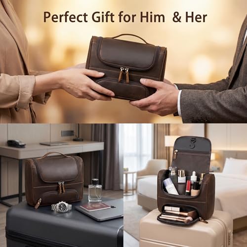 Fulll Grain Leather Toiletry Bag, Hanging Dopp Kit, YKK Zipper, Brown | Crazy Horse Waxed Cowhide, Wet-Dry Mesh Pockets, Metal Hook, 10.6" Wide Opening, TSA Carry On, Dust Bag,