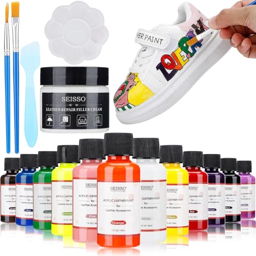 Leather Vinyl Repair Kit, 12 Colors Acrylic Leather Paint for Shoes, Sneakers, Leather Furniture, Bags, Car Seat, Wallets Leather Scratch Tear Repair Leather Care Set - color: 12 Color Acrylic Leather Paint
