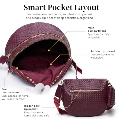 Woven Vegan Leather Bum Bag for Women, Crossbody Fanny Pack with Coin Purse | Removable 2-inch-wide strap adjusts to a 14–24.5-inch drop; dual zip compartments, reinforced hardware, 1.1-lb design - color: Burgundy