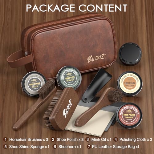 13Pcs Shoe Polish Kit, Shoe Shine Kit for Men & Women with Horsehair Brush, Mink Oil for Leather Boot Shoe Care Kit - color: Brown Bag