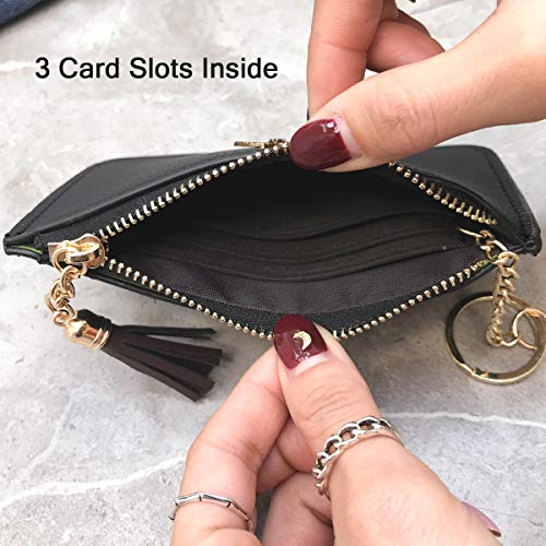Coin Purse Change Wallet Pouch Leather Card Holder with Key Chain Tassel Zip(Pink) - color: Pink