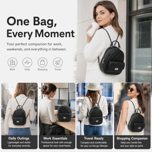 Black Mini Quilted Backpack Purse for Women, Classic Small Chain Backpack Bag with Top Handle, Fashion Travel Purse - color: Black