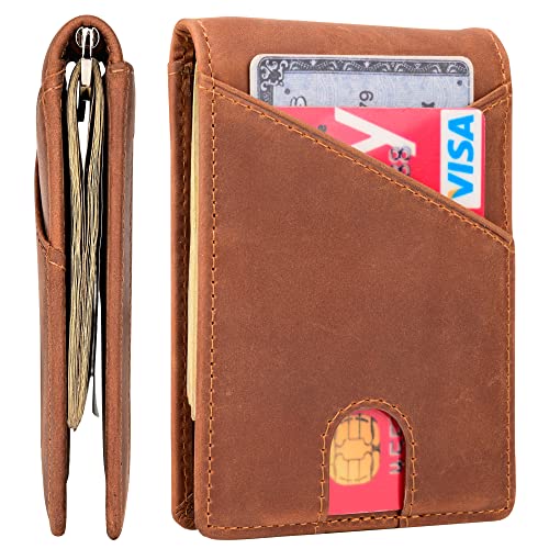 Slim Wallet with Money Clip RFID Blocking Minimalist Bifold Wallet for Men Genuine Leather Front Pocket Card Holder - color: AS260 - Khaki (Finger Groove)