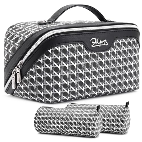 BOYATU Travel Makeup Bag Cosmetic Bags for Women: 3 Pcs Set Make up Bag | Large Capacity Waterproof Vegan Leather Organizer Bags with Compartments - Lay flat Toiletry with Handle (M-76Black) - color: M-76Black