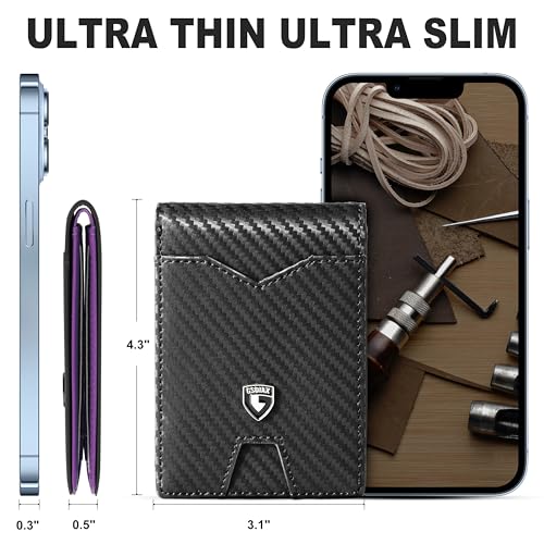 GSOIAX Slim Wallet for Men Rfid Blocking Leather Bifold Front Pocket Carbon Fiber Men's Money Clips Credit Card Holder With Gift Box - color: Carbon Black and Purple