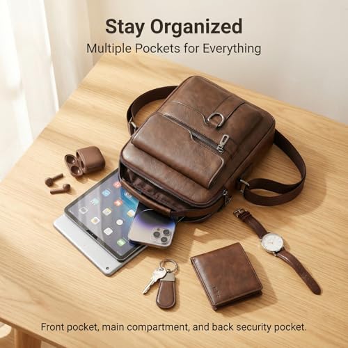 Crossbody Bag for Men, PU Leather Shoulder Messenger Bag with Handle - color: Brown