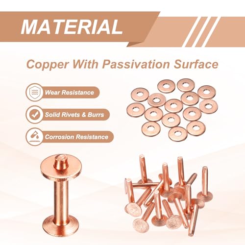 HARFINGTON 15Set Copper Rivets and Burrs Washers 9x3.3x19mm Dimpled Finish Solid Leather Rivet Fastener Studs Posts for Leather DIY Craft Belts Wallets Collars, Copper Tone - color: Copper Tone, size: 9x3.3x19mm