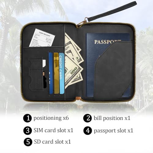 Passport Holder for Travel Wallet,RFID Detachable Wrist Strap Wallet | Leather Travel Card Sleeve for Men Women - color: Black