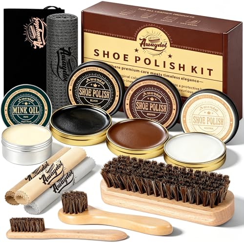 12 PCS Shoe Polish Kit - Horsehair Brushes, Black Brown Neutral Polish,Mink Oil Conditioner for Shoes,Polishing Cloth, Leather Boots Shine Care Kit ﻿Gift for Men Cowboy Husband Dad
