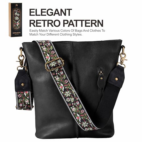 Nefelibata Purse Strap-2" Crazy Horse Leather Wide Shoulder Strap Adjustable Replacement,Retro knit Embroidery Multi-pattern Crossbody Bag Straps for Handbag,Crossbody Bags(Leather White Embroidery) - color: Leather White Flower Embroidery