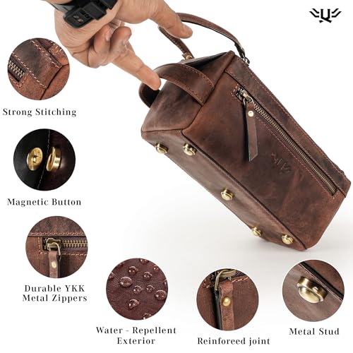 Premium Handmade Leather Toiletry Bags for Men and Women, Genuine Leather Dopp Kit and Shaving Bag for Men, Travel Cosmetic Bag for Women's and Men's, Zipper Pocket, Chocolate - color: Chocolate Brown (Large)