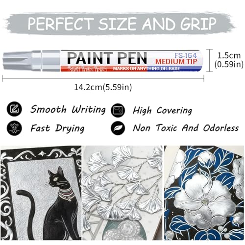 Silver Paint Pens 4 Pcs Oil Based Medium Tip Permanent Marker Pen | Waterproof, Quick-drying, Fade Resistant, 3mm Paint Markers for Rock Painting, Plastic, Metal, Car Tyre, Glass, Wood, Canvas - color: Silver