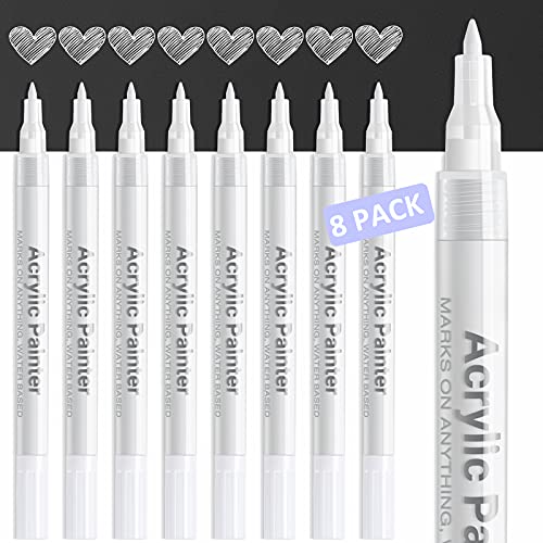 AKARUED White Marker Paint Pen: 8 Pack Acrylic Fine Tip White Paint Marker - color: White